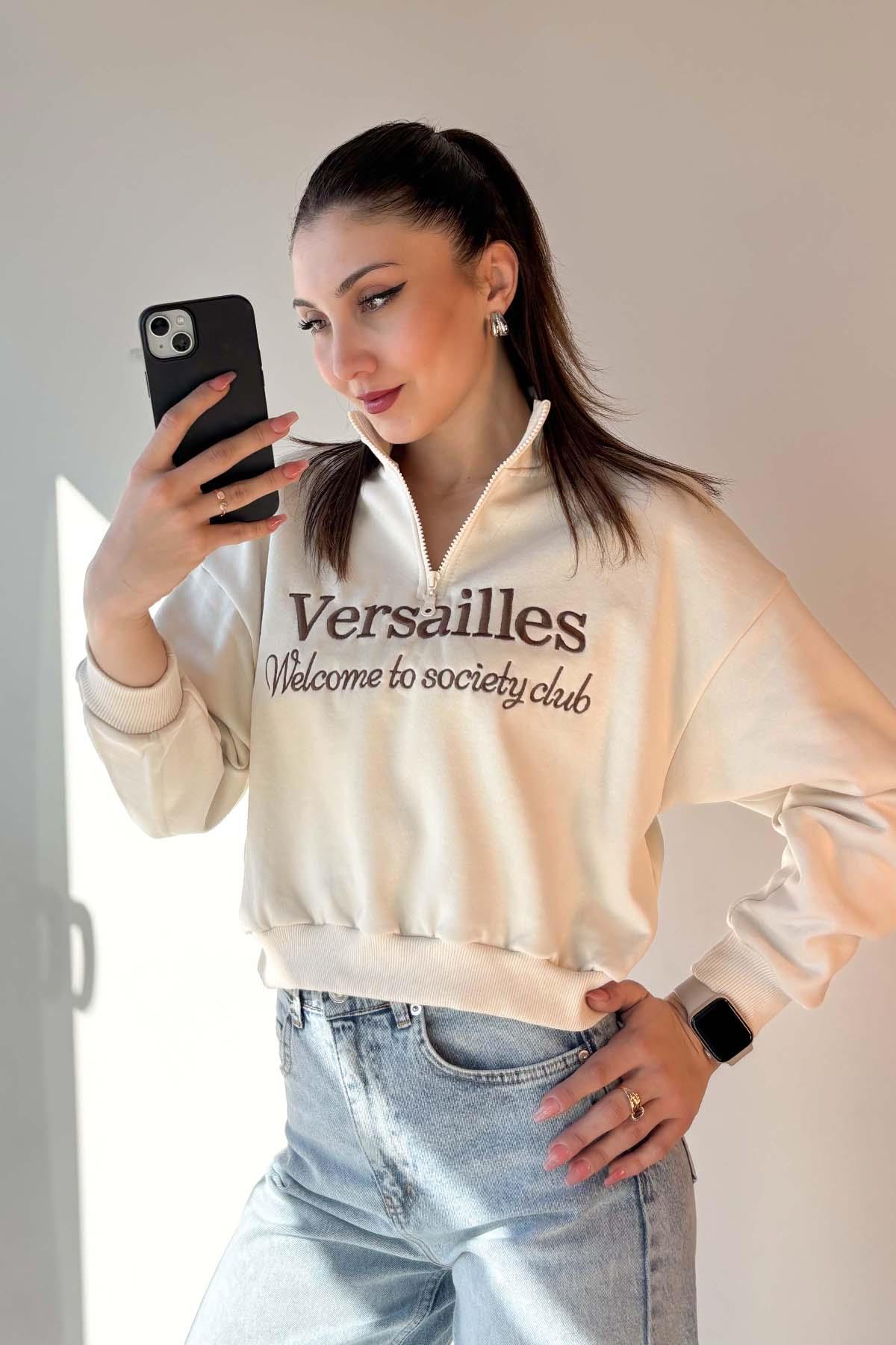 Bej Versailles Yarım Fermuarlı Crop Sweatshirt