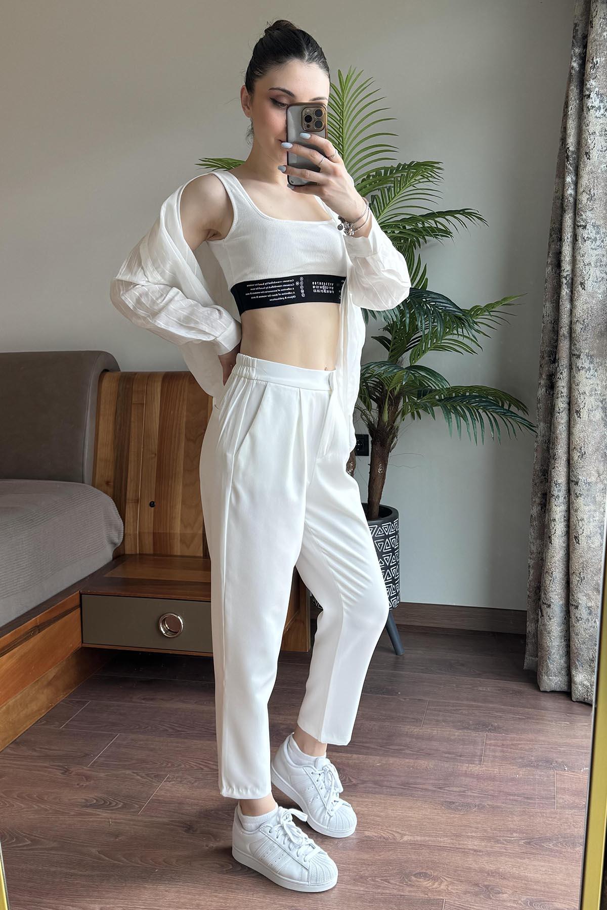 Beyaz Beli Lastikli Havuç Pantolon
