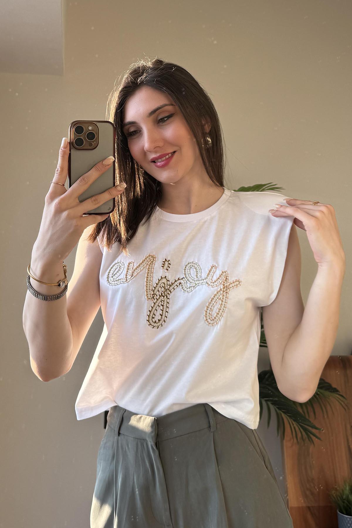 Beyaz Enjoy Nakışlı T Shirt