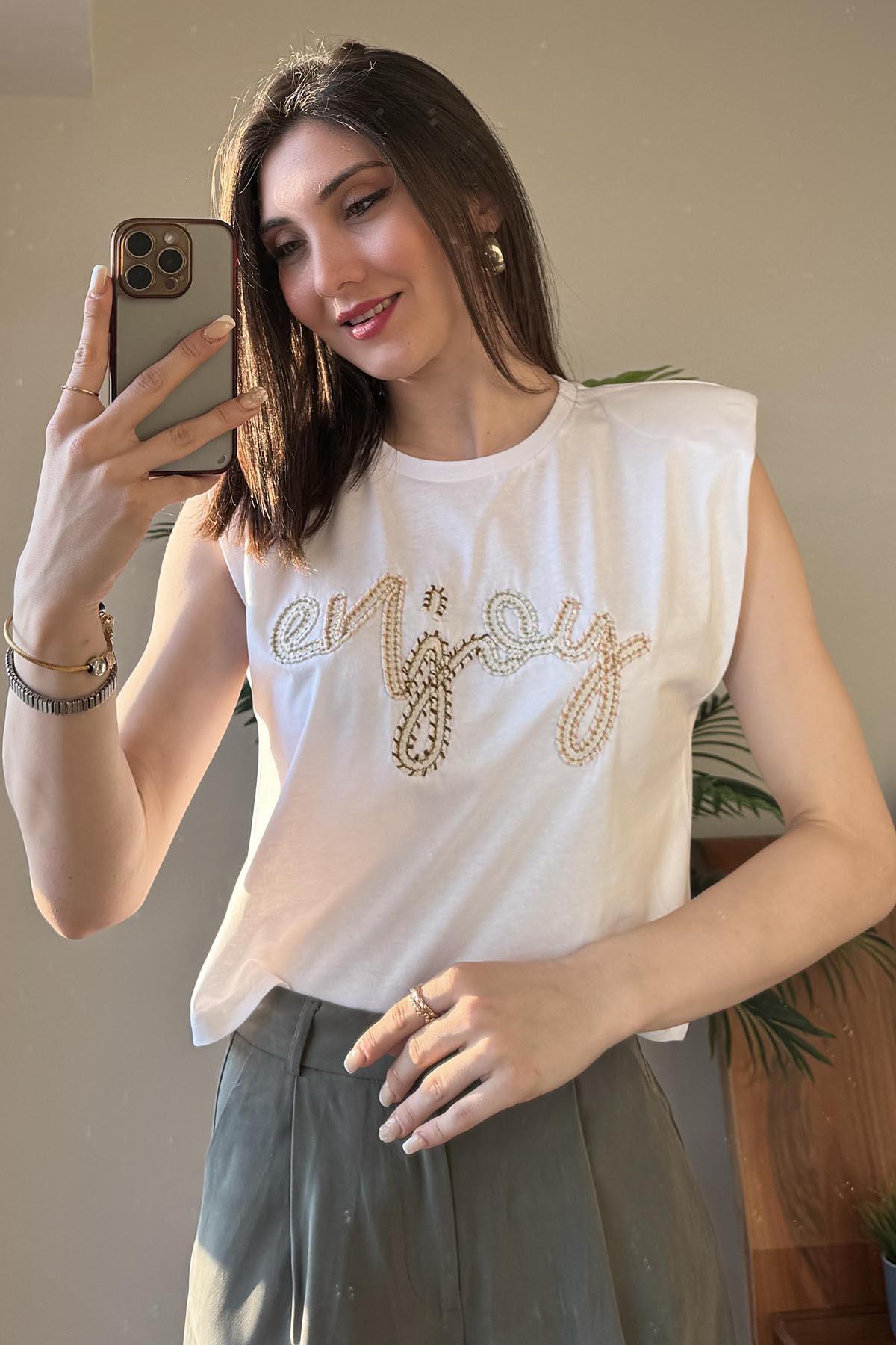 Beyaz Enjoy Nakışlı T Shirt