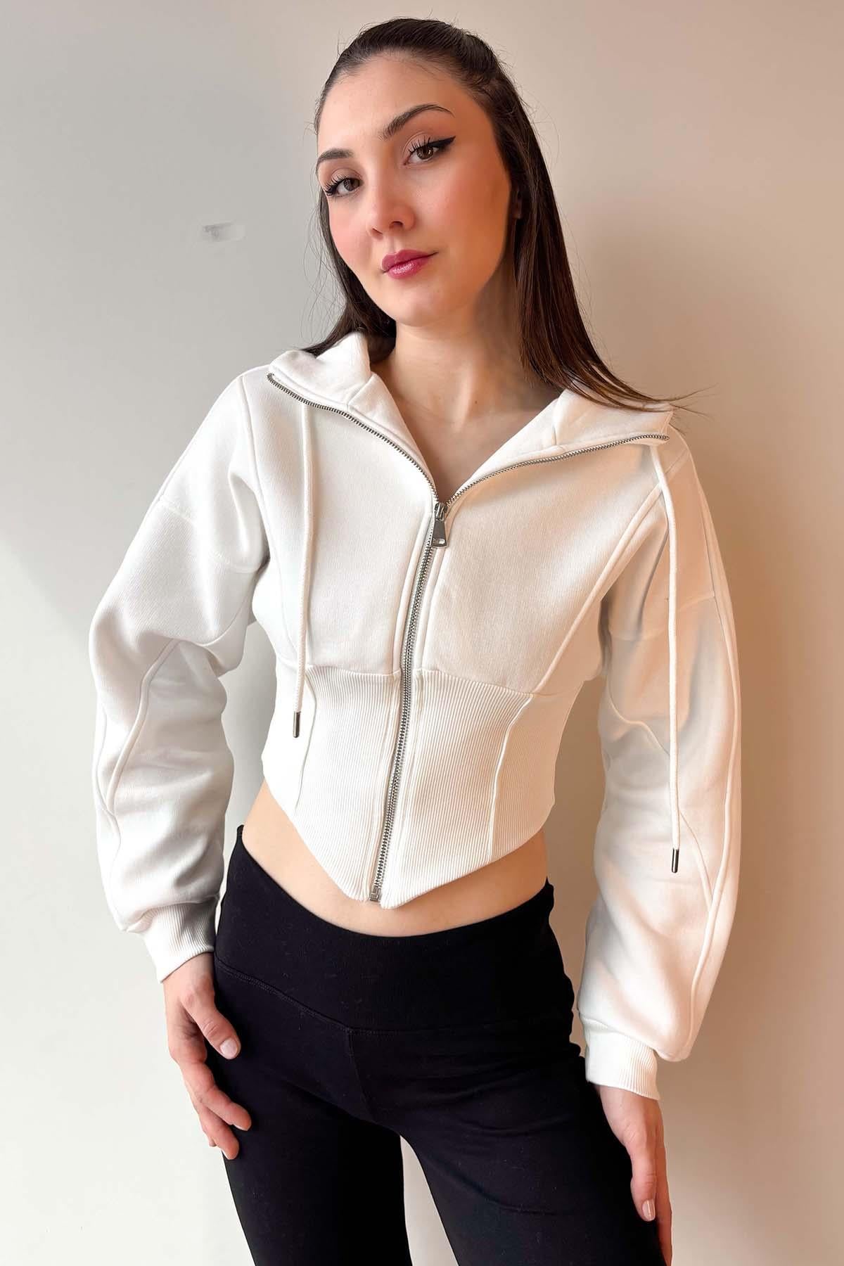 Beyaz Korse Görünümlü Fermuarlı Sweatshirt
