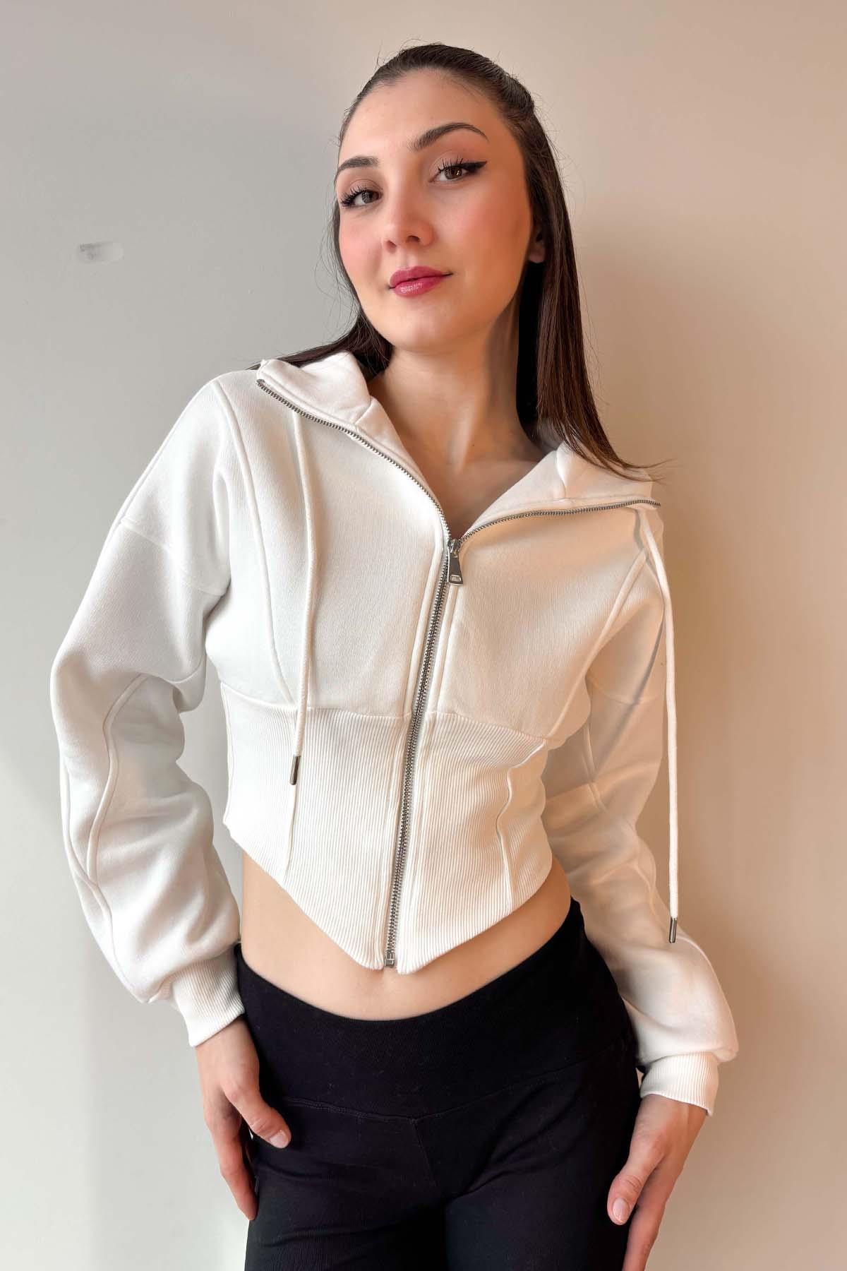 Beyaz Korse Görünümlü Fermuarlı Sweatshirt