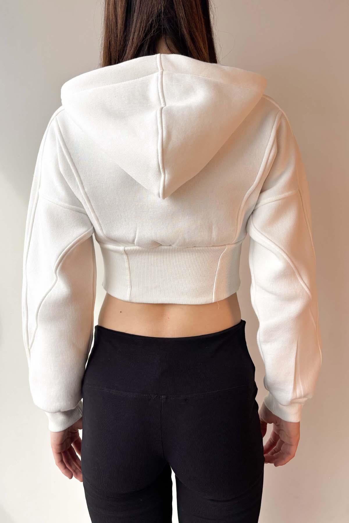 Beyaz Korse Görünümlü Fermuarlı Sweatshirt