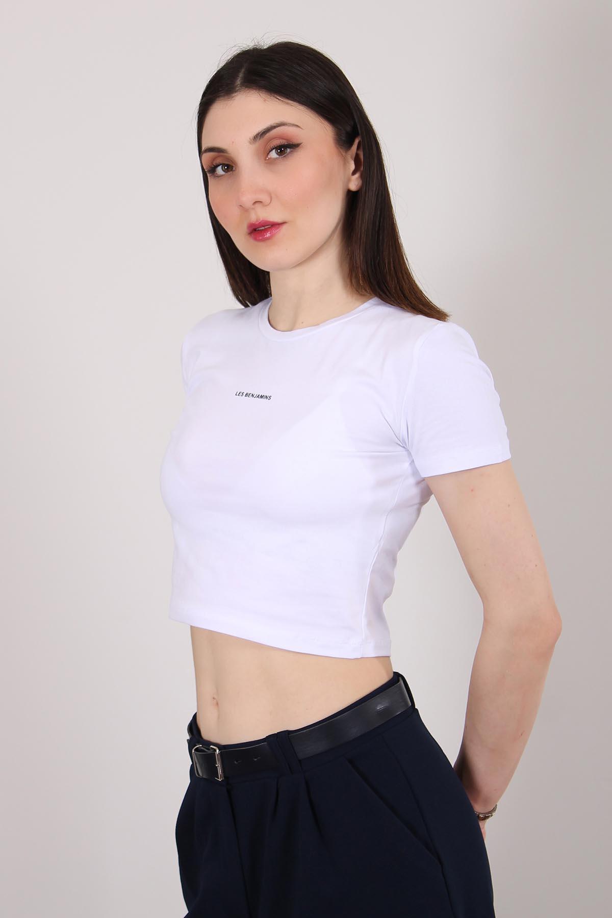 Beyaz Les BNJMS Baskılı Crop T Shirt