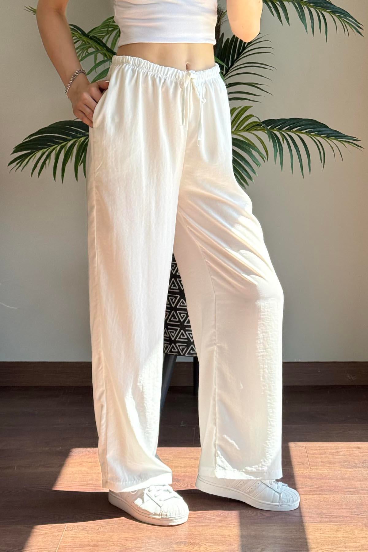 Beyaz Massi Beli İpli Tencel Pantolon