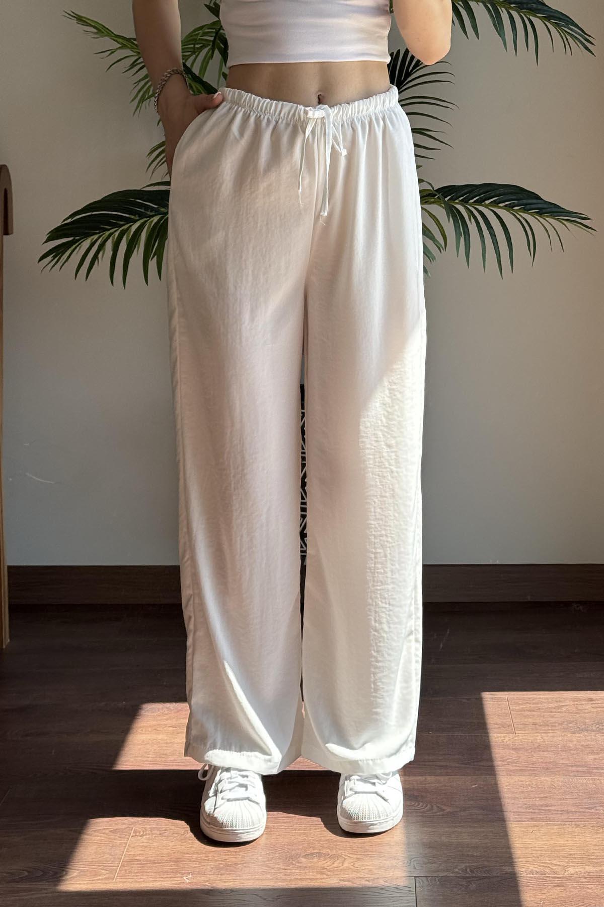 Beyaz Massi Beli İpli Tencel Pantolon