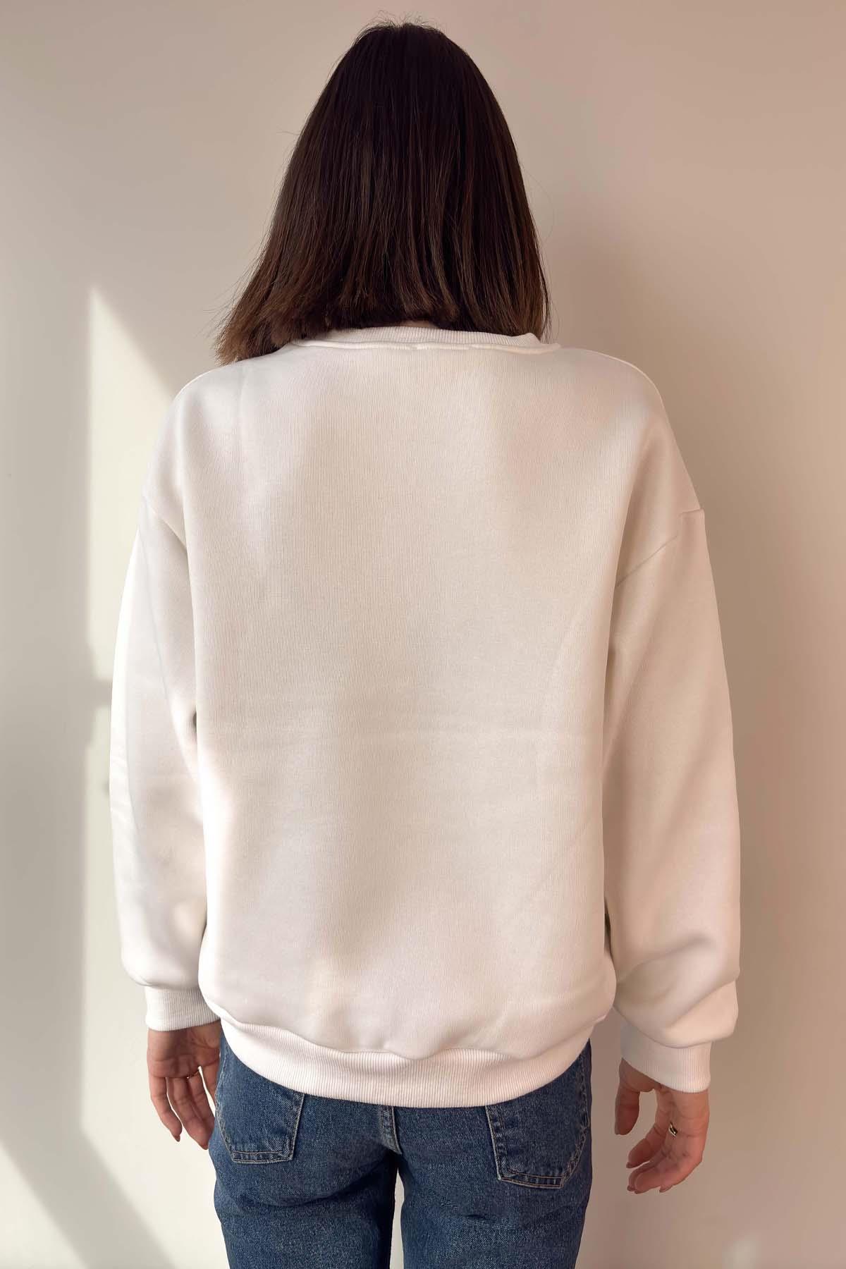 Beyaz Monaco Nakışlı Oversize Sweatshirt
