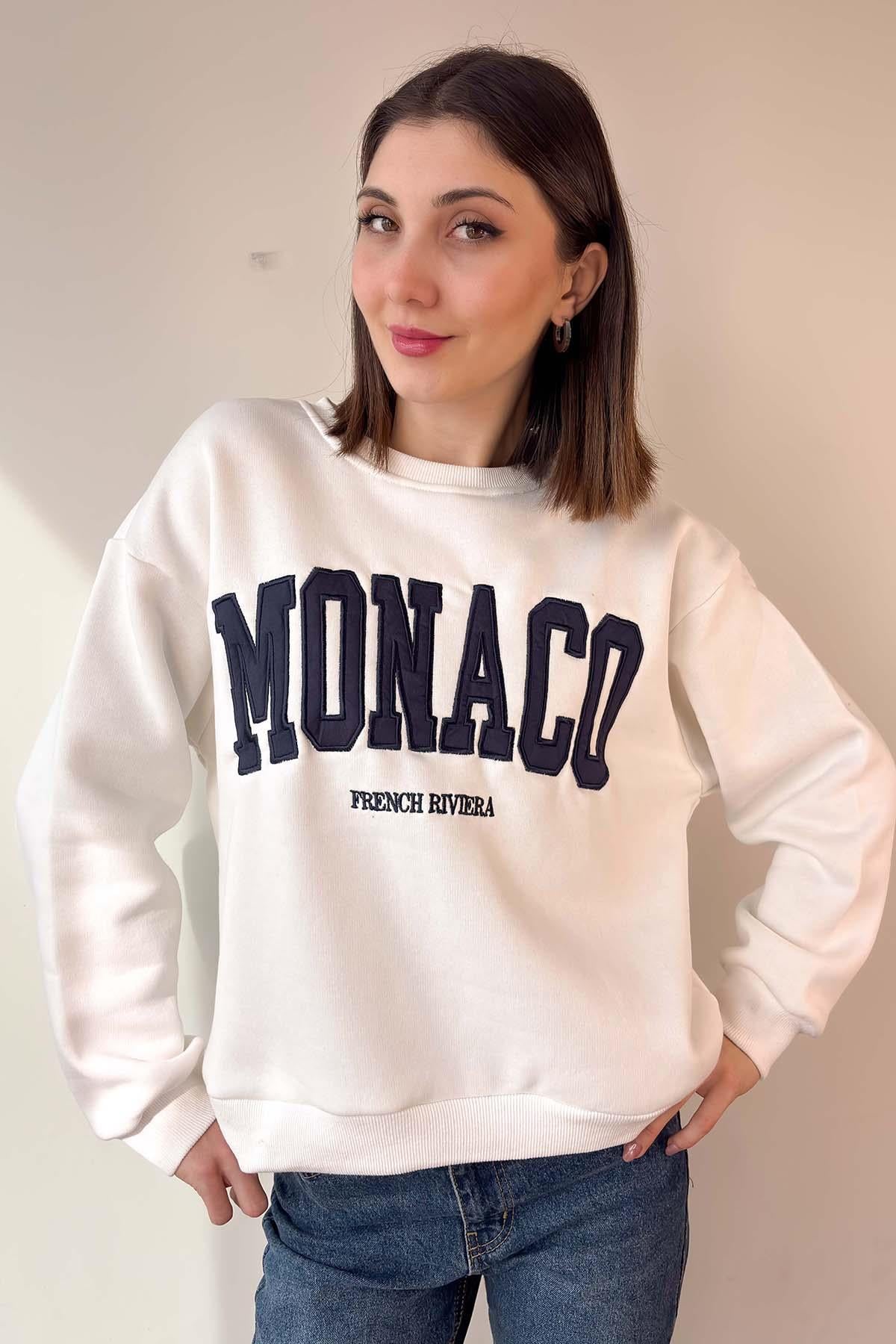 Beyaz Monaco Nakışlı Oversize Sweatshirt