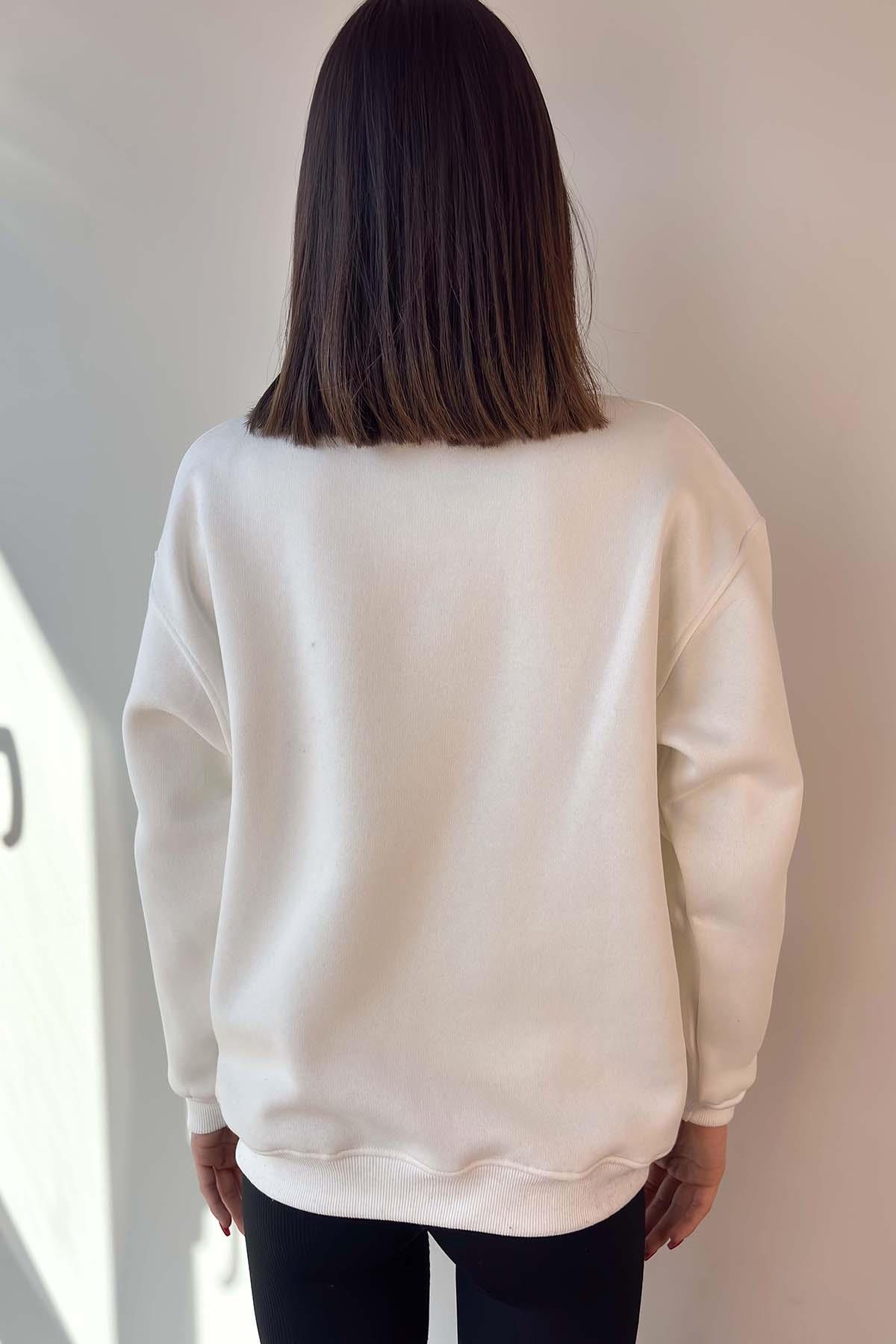 Beyaz New York Nakışlı Fermuarlı Sweatshirt