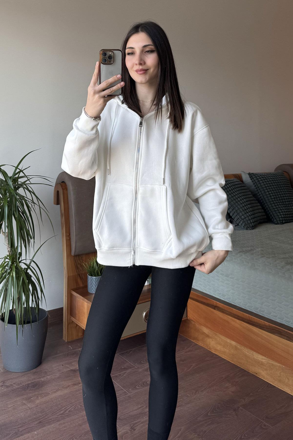 Beyaz Oversize Kapüşonlu Fermuarlı Hoodie