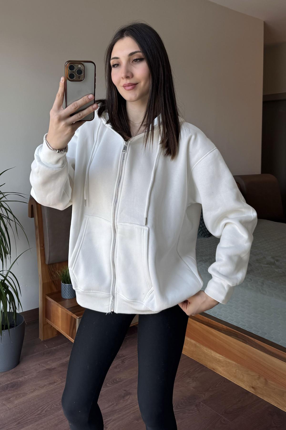 Beyaz Oversize Kapüşonlu Fermuarlı Hoodie