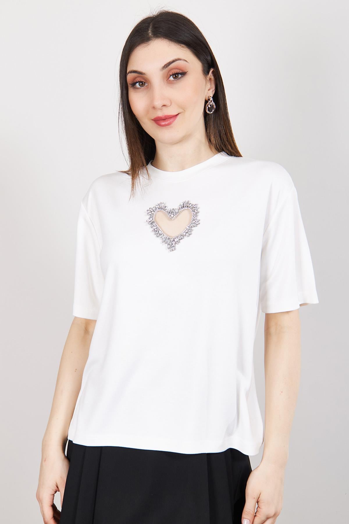 Beyaz Taş Kalp İşlemeli Modal Karışımlı T Shirt