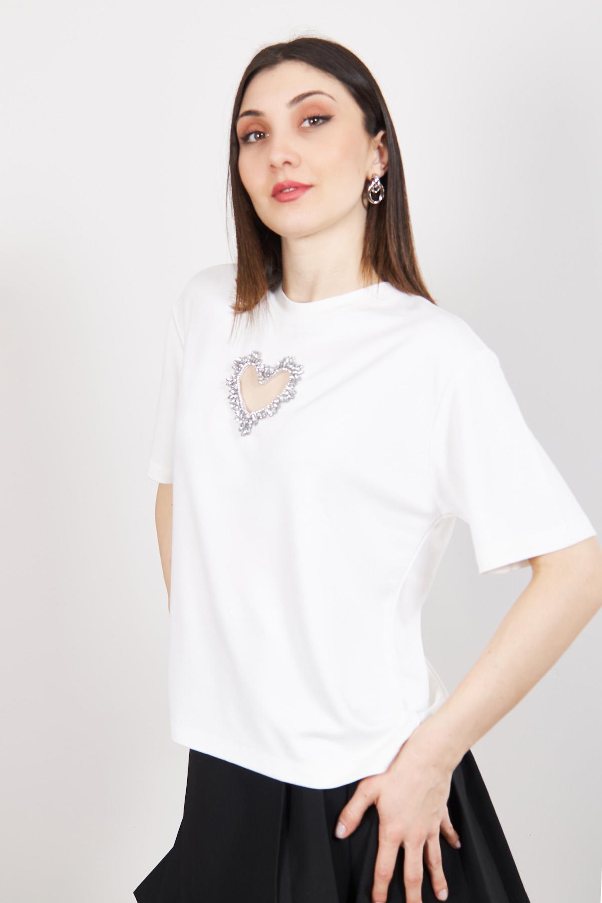 Beyaz Taş Kalp İşlemeli Modal Karışımlı T Shirt