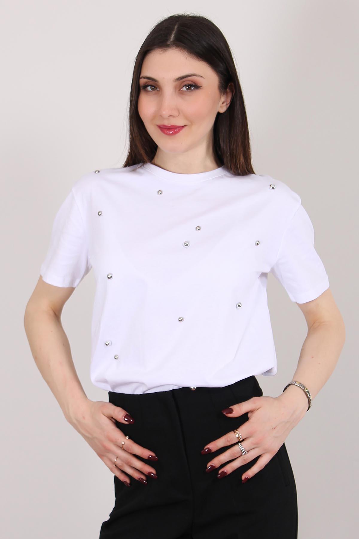 Beyaz Taşlı T Shirt