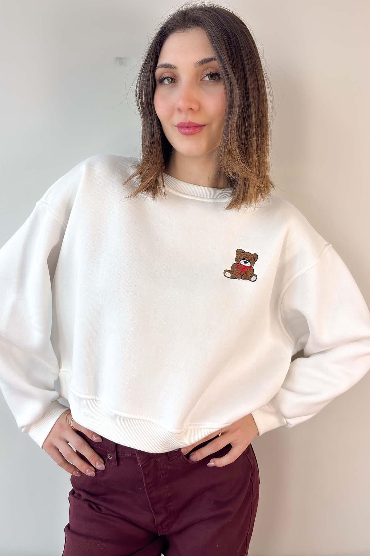 Beyaz Teddy Nakışlı Crop Sweatshirt