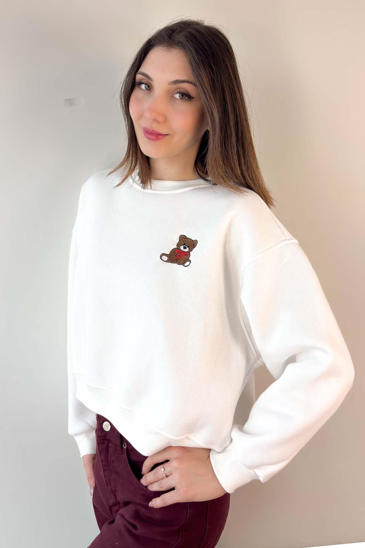 Beyaz Teddy Nakışlı Crop Sweatshirt