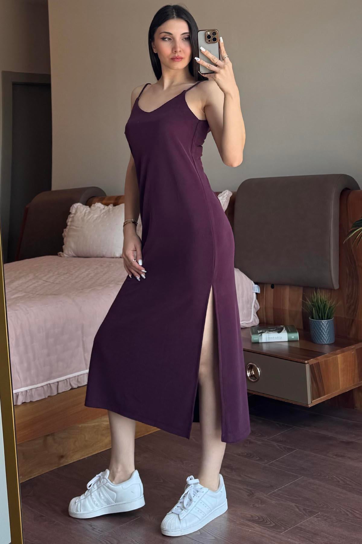 Bordo Askılı Pike Modal Elbise