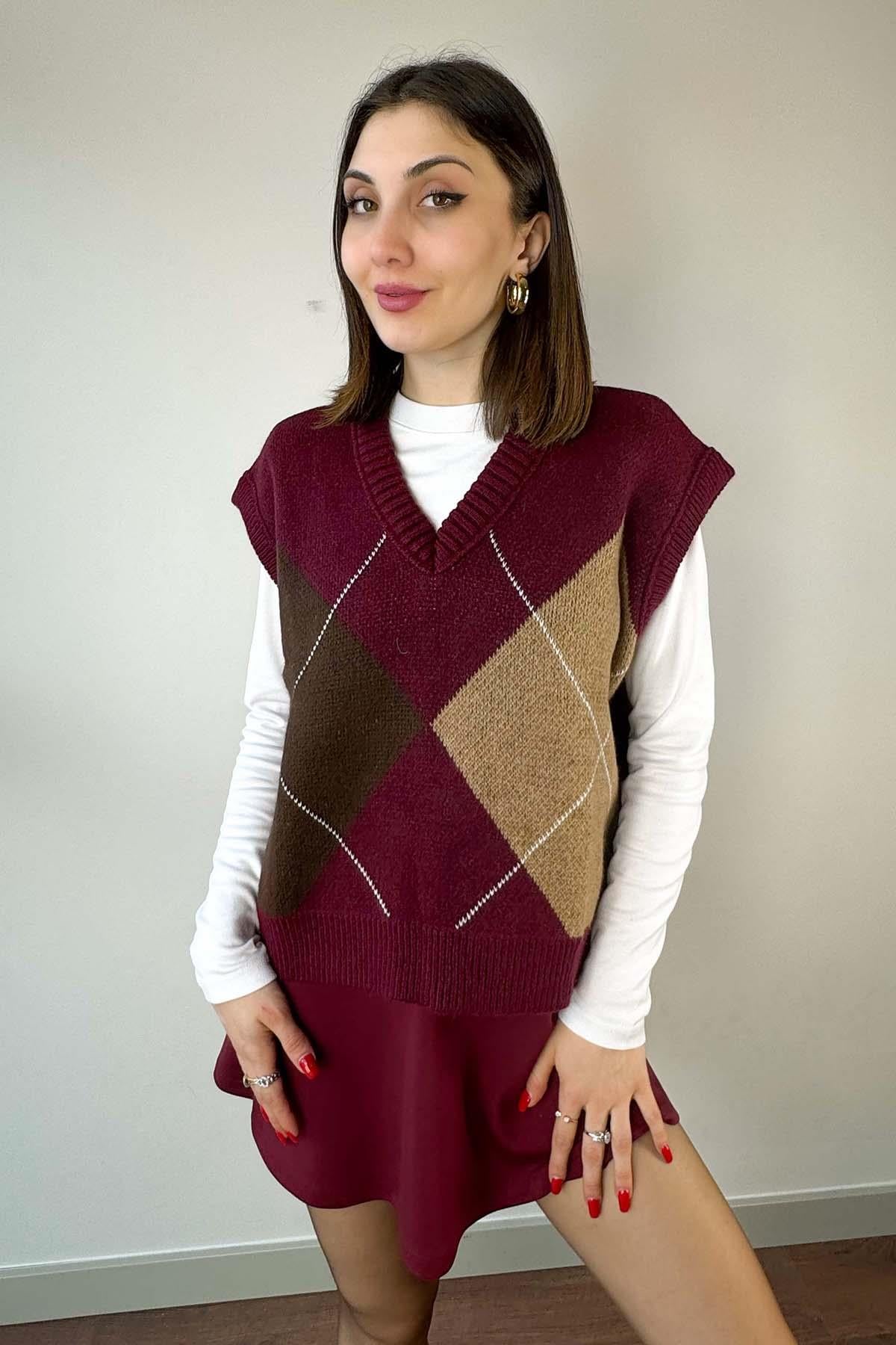 Bordo Baklava Desen Oversize Süveter