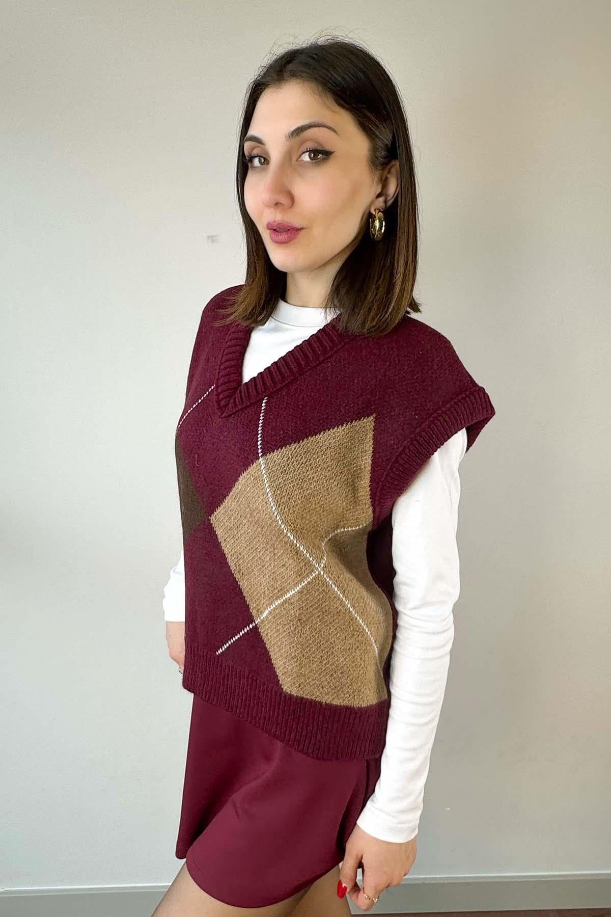Bordo Baklava Desen Oversize Süveter