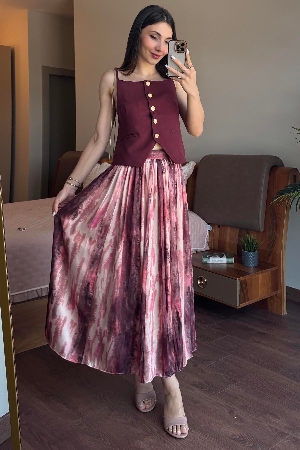 Bordo Batik Desen Midi Boy Saten Etek