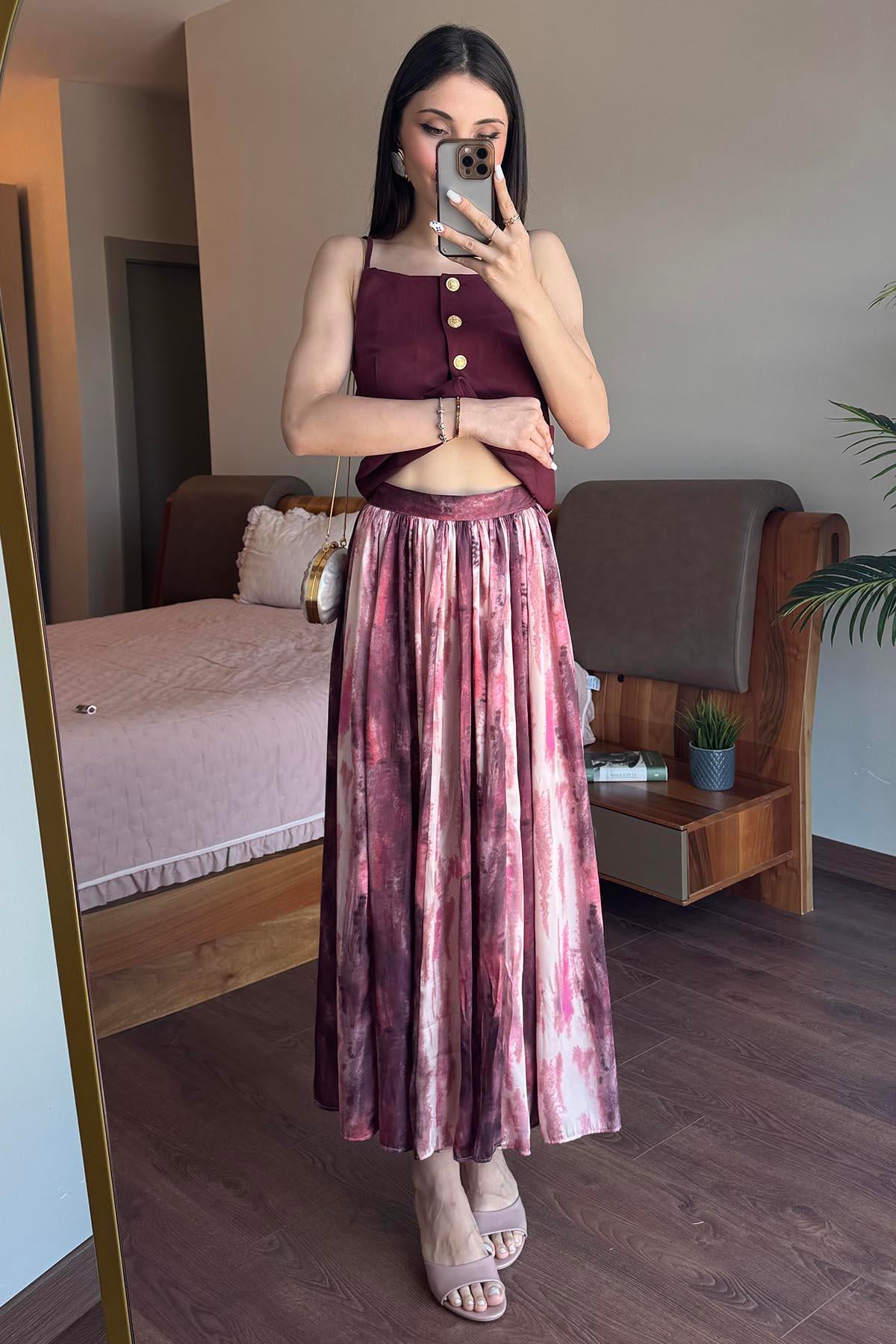 Bordo Batik Desen Midi Boy Saten Etek