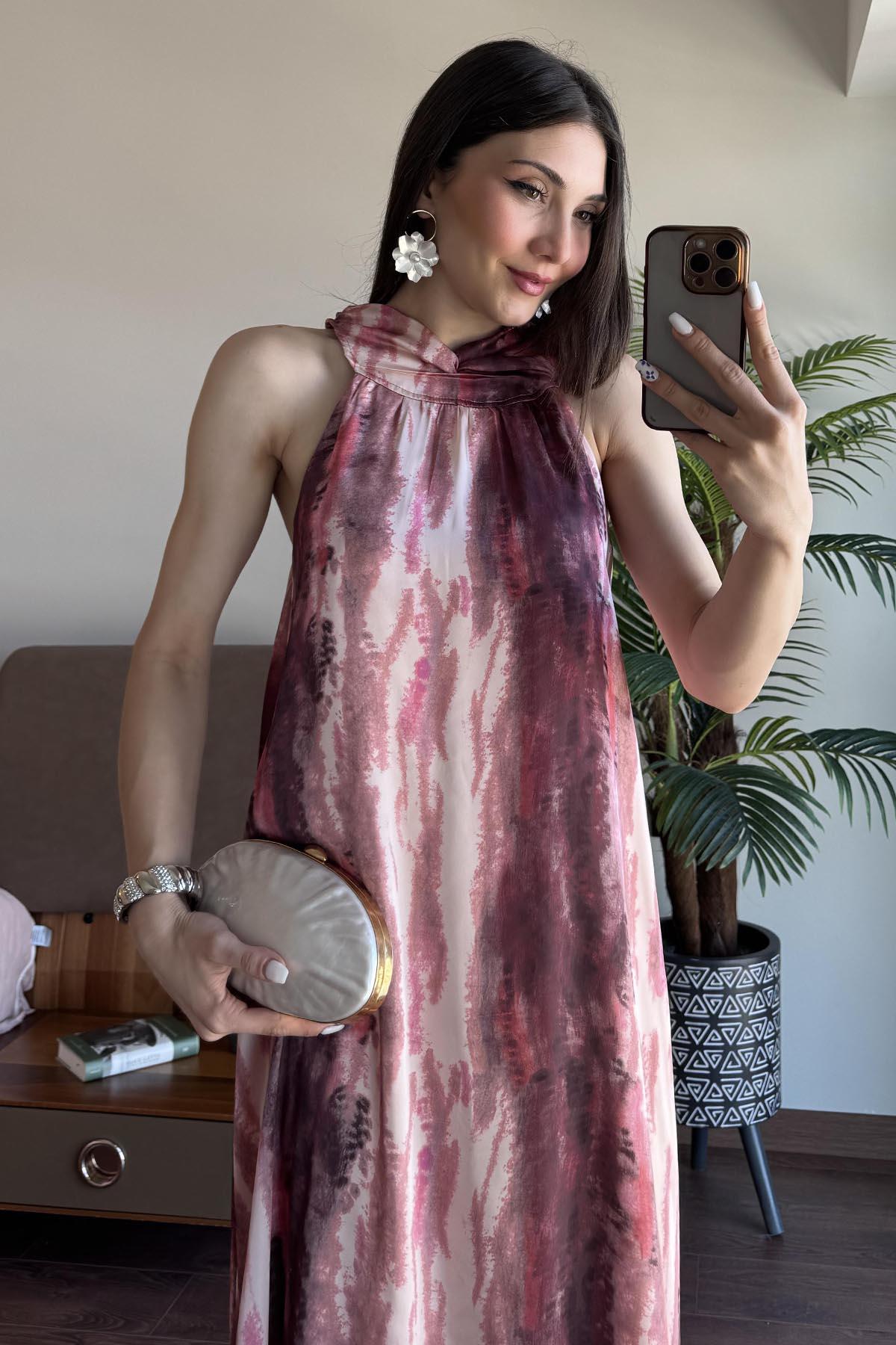 Bordo Batik Desenli Saten Elbise