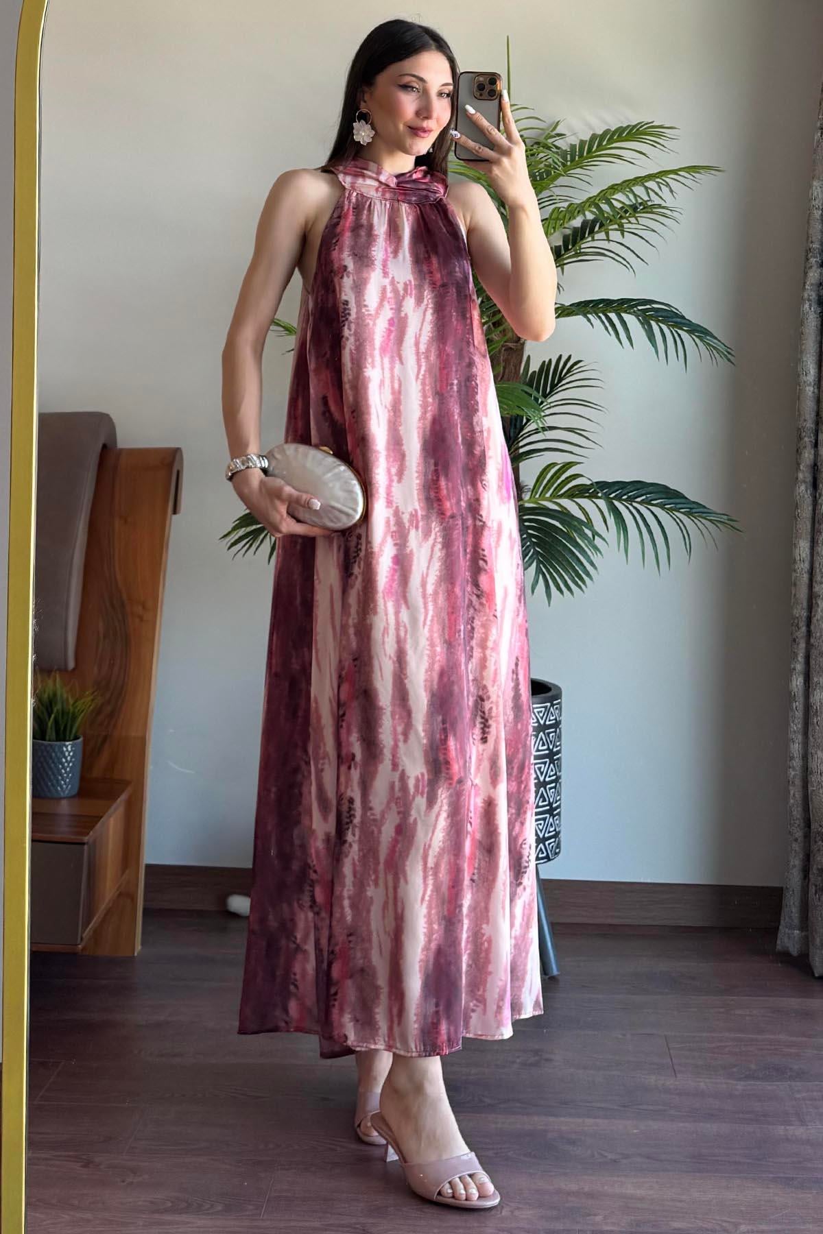 Bordo Batik Desenli Saten Elbise