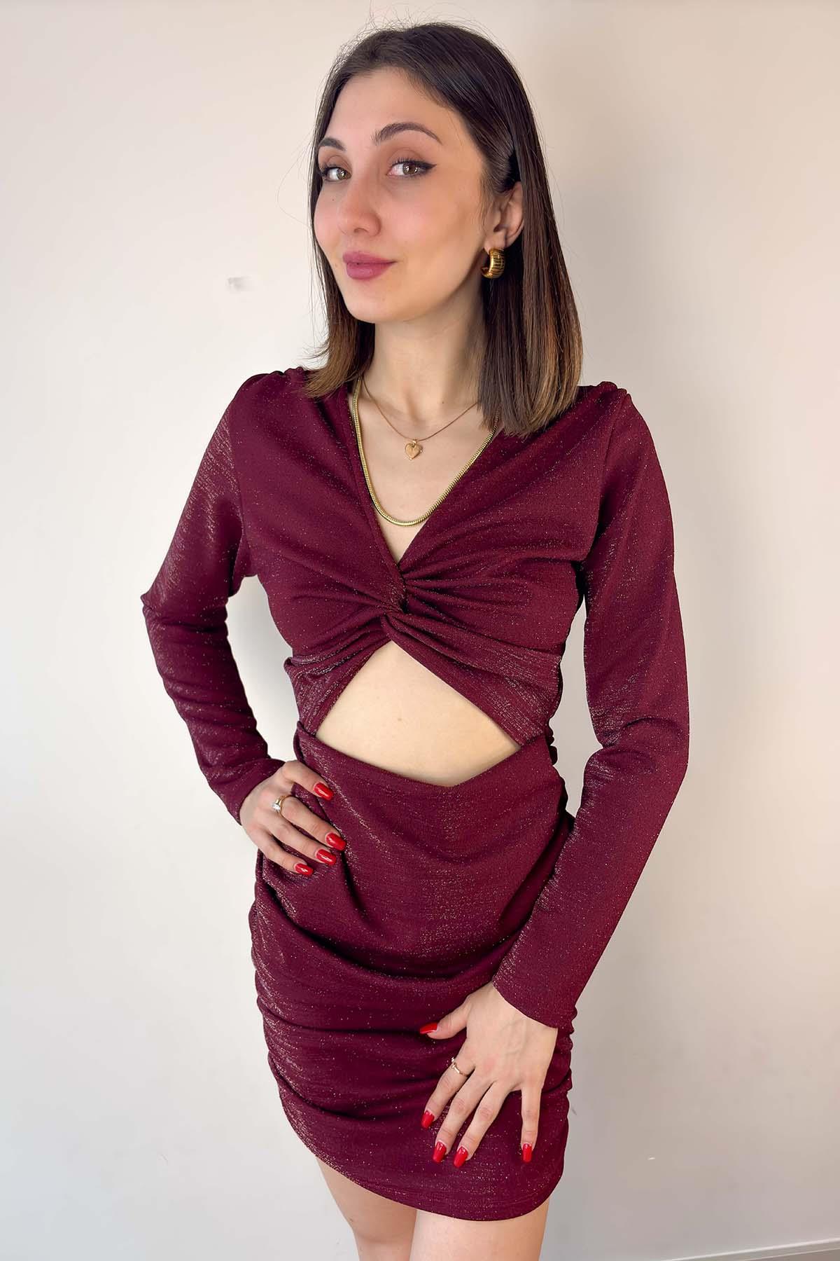 Bordo Bel Dekolteli Mini Elbise