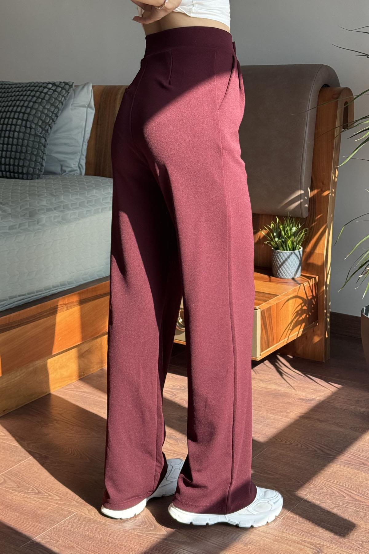 Bordo Beli Cırt Bantlı Likralı Palazzo Pantolon