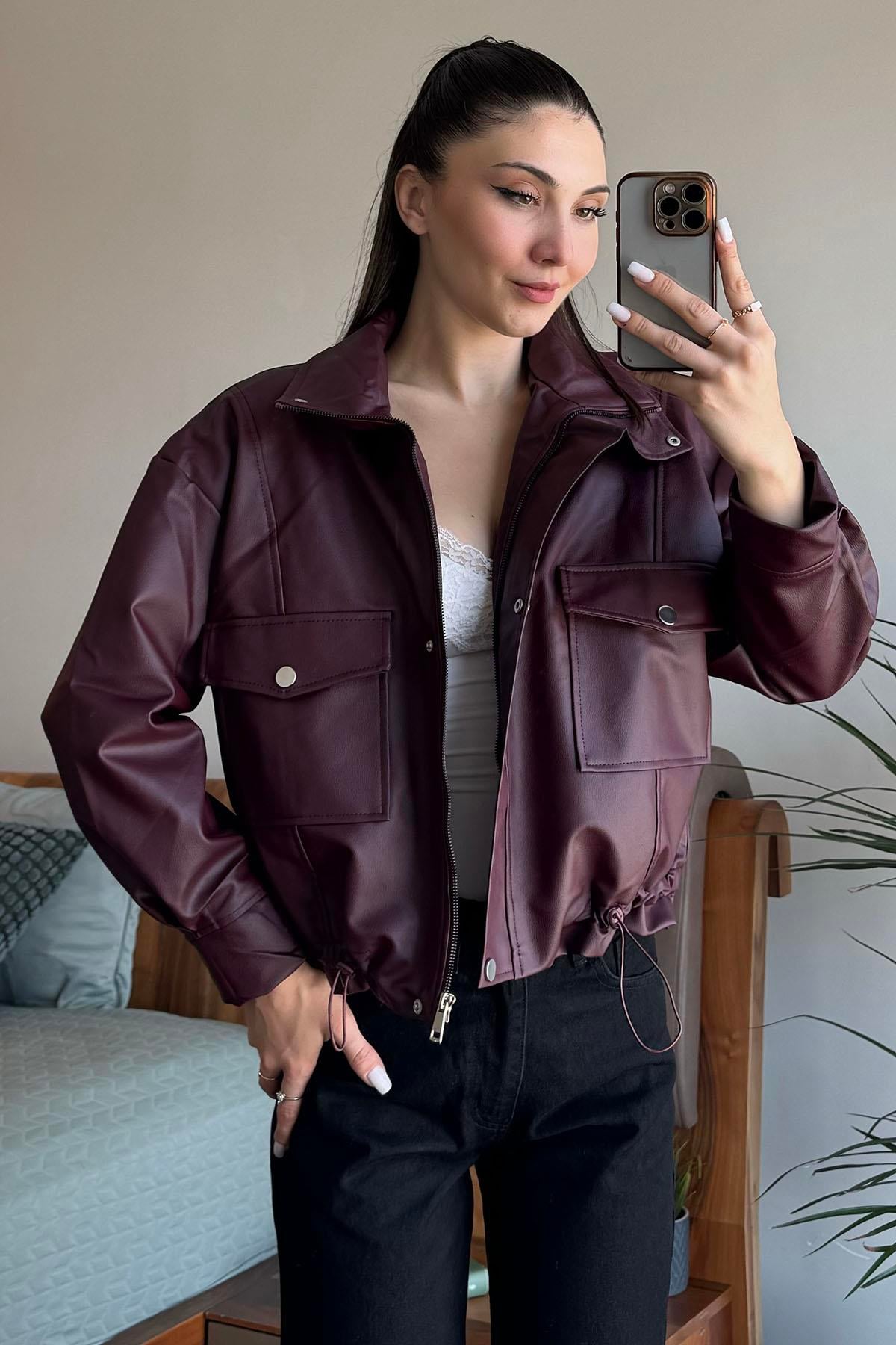 Bordo Beli Lastikli Boyfriend Deri Ceket