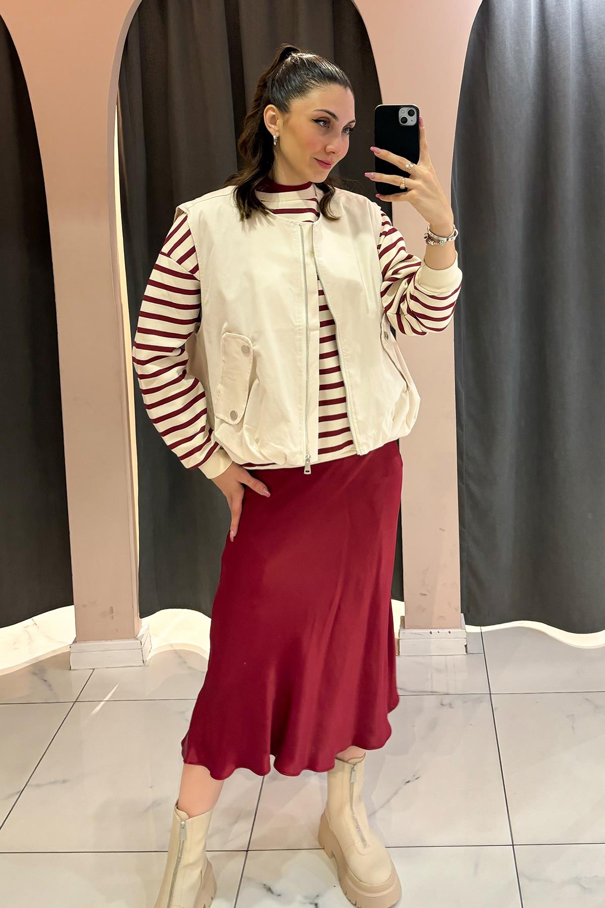 Bordo Beli Lastikli Saten Etek