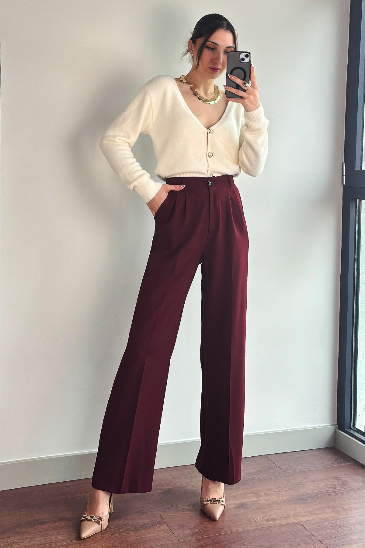 Bordo Beli Lastikli Tek Düğmeli Geniş Kesim Pantolon