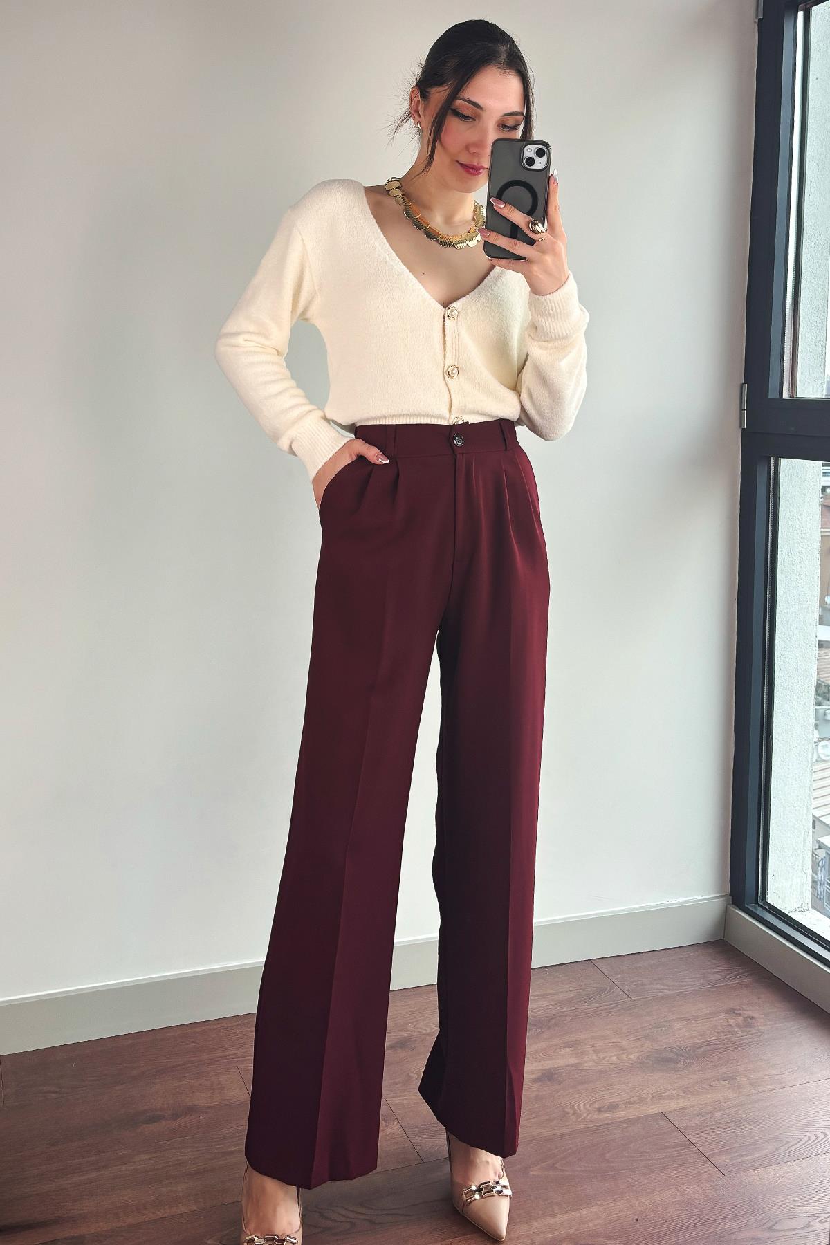 Bordo Beli Lastikli Tek Düğmeli Geniş Kesim Pantolon