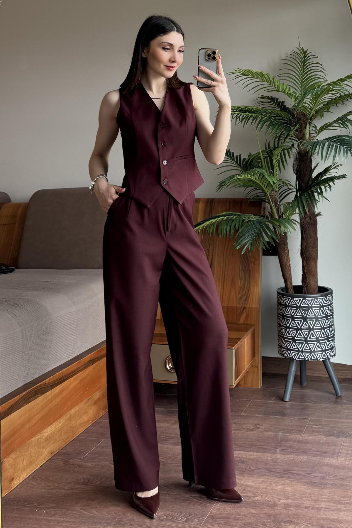 Bordo Bezayağı Yelek Pantolon Takım