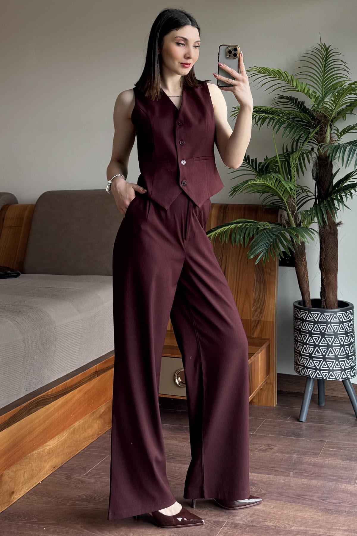 Bordo Bezayağı Yelek Pantolon Takım