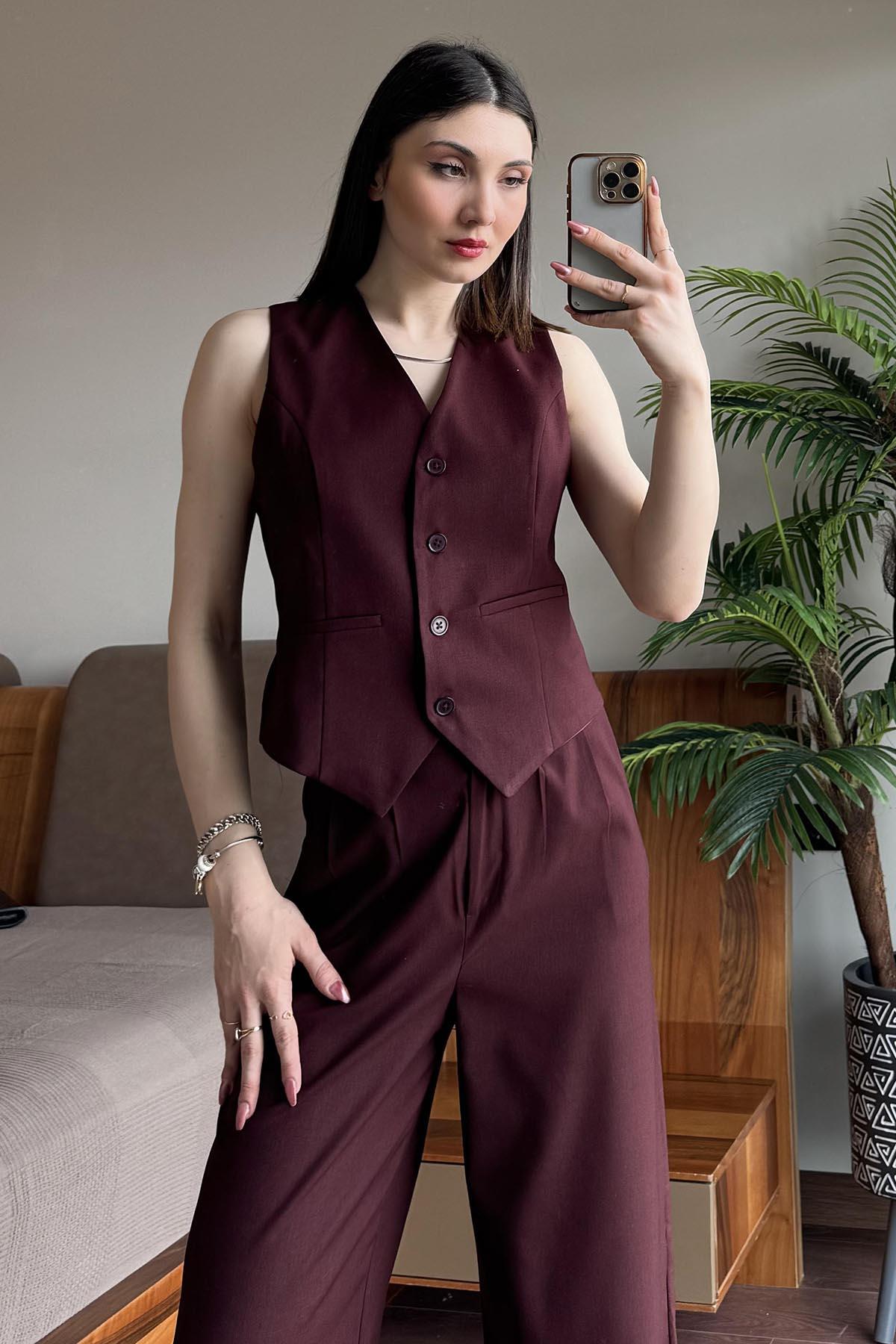 Bordo Bezayağı Yelek Pantolon Takım