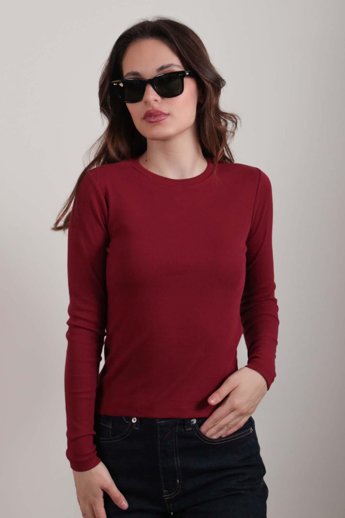 Bordo Bisiklet Yaka Uzunkollu Bluz