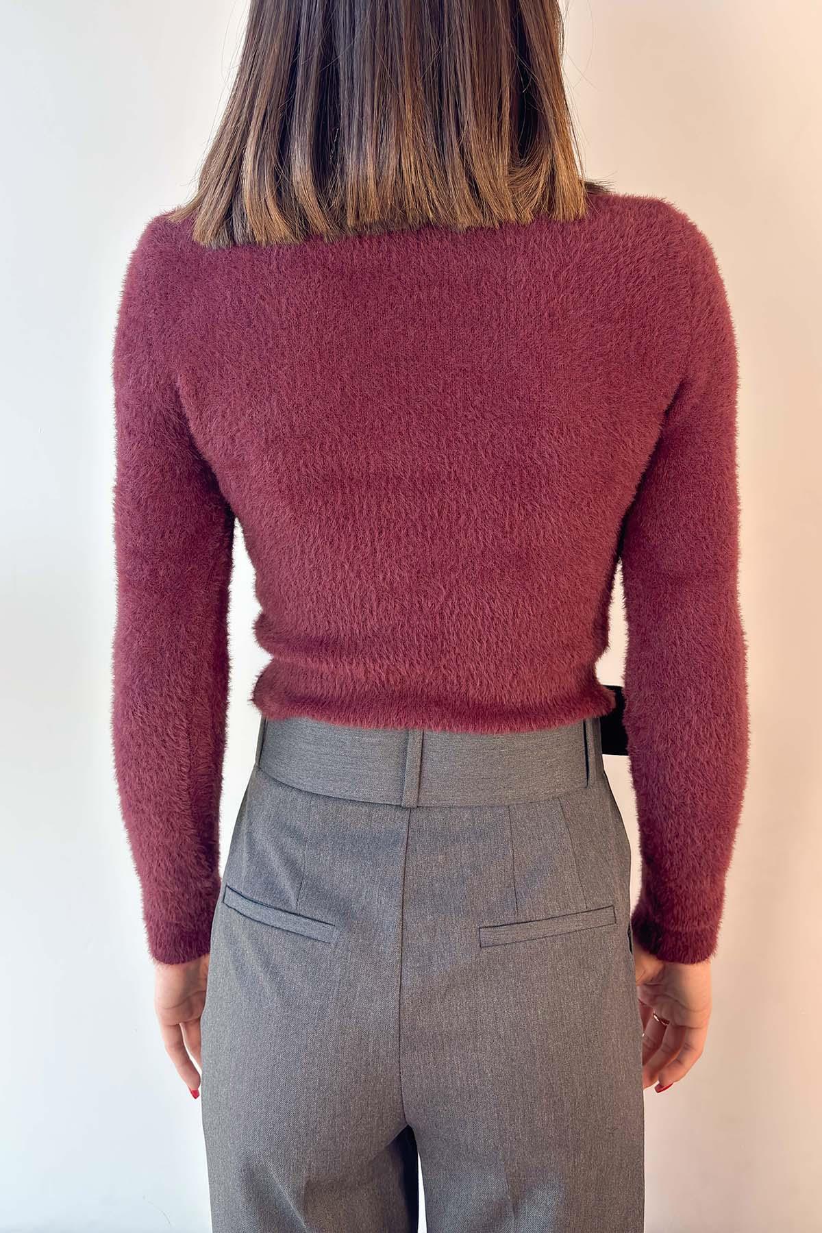 Bordo Bisiklet Yaka Yumoş Crop Kazak