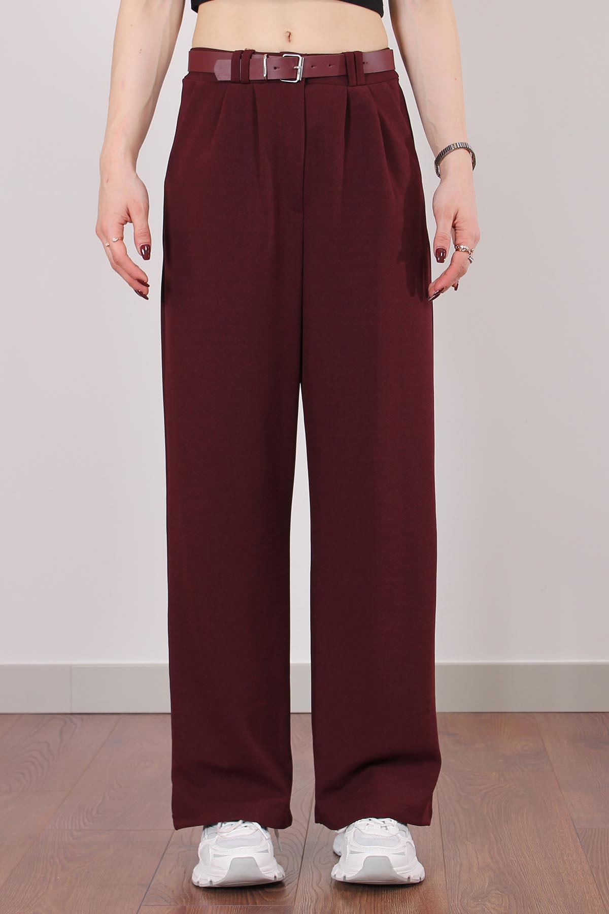 Bordo Çift Pile Detaylı Kemerli Örme Pantolon