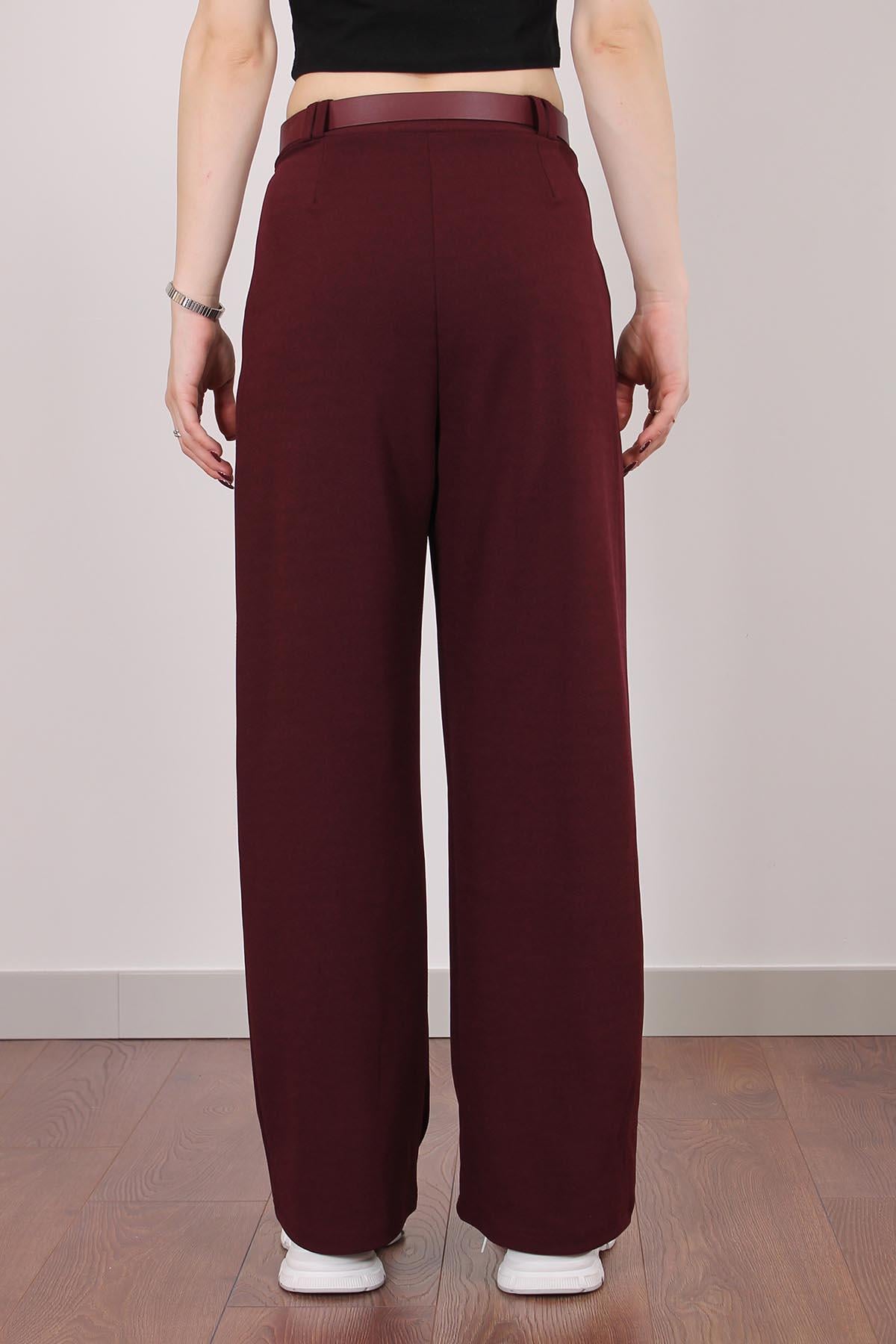 Bordo Çift Pile Detaylı Kemerli Örme Pantolon