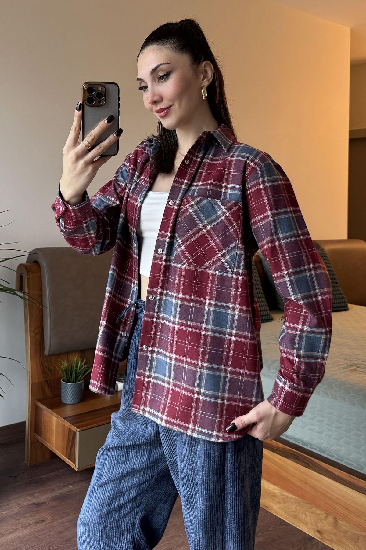 Bordo Çıtçıtlı Oduncu Gömlek