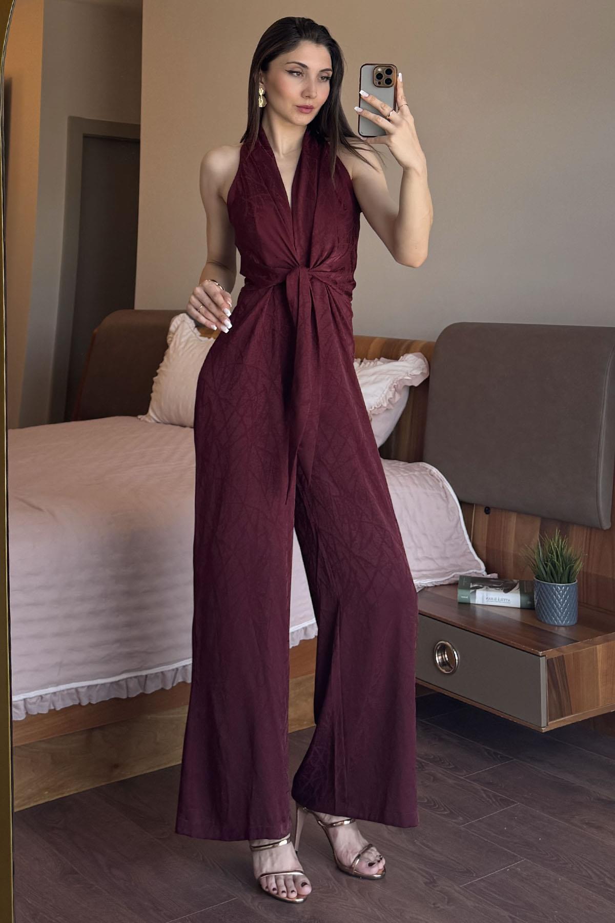 Bordo Çizgi Desenli Ön Bağlama Detaylı Tulum