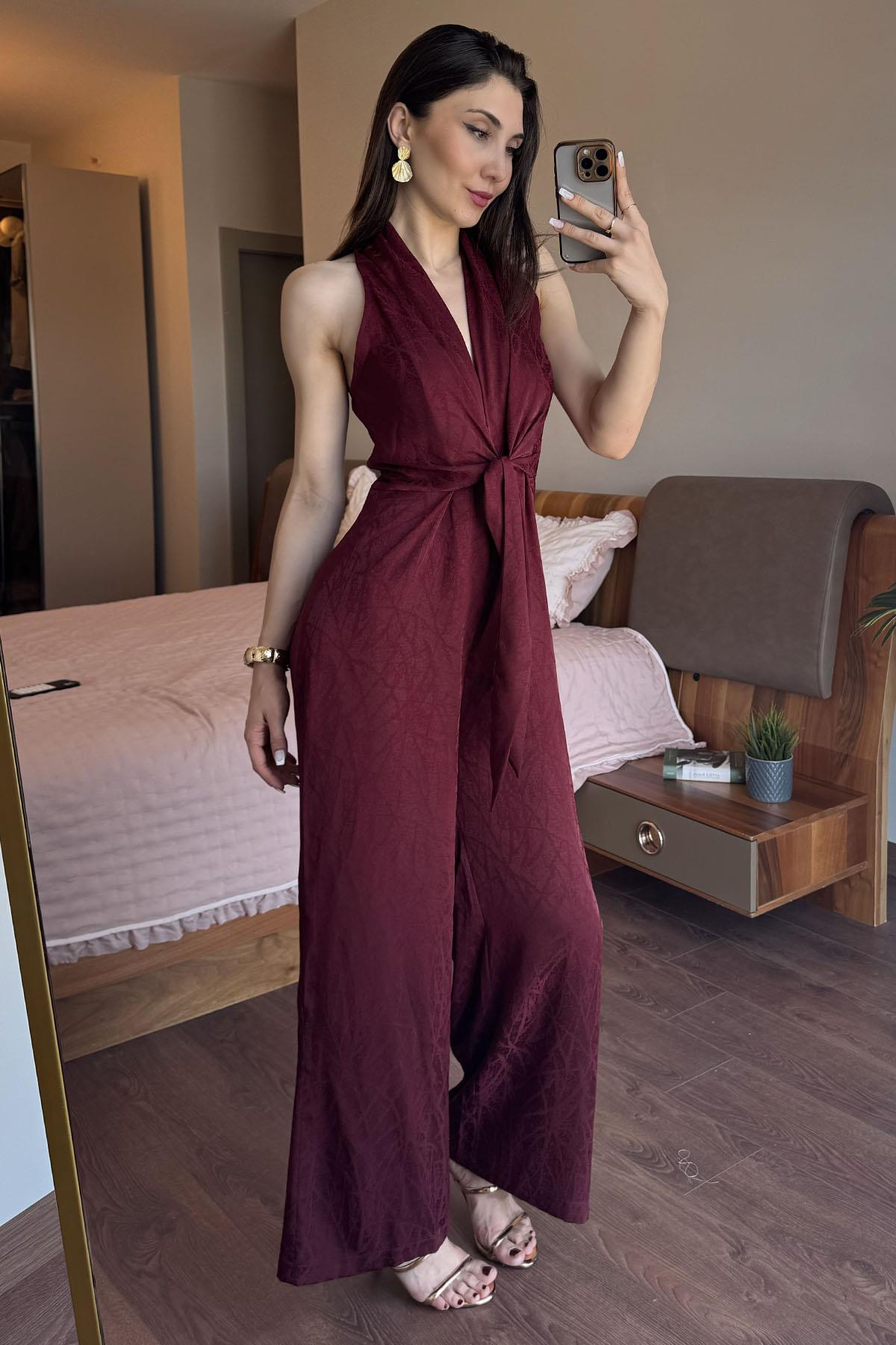 Bordo Çizgi Desenli Ön Bağlama Detaylı Tulum