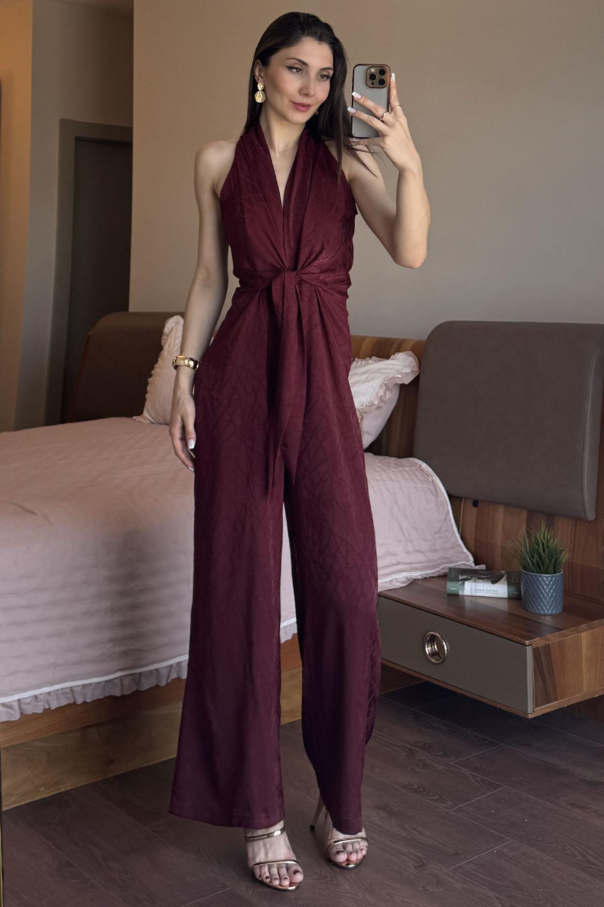 Bordo Çizgi Desenli Ön Bağlama Detaylı Tulum