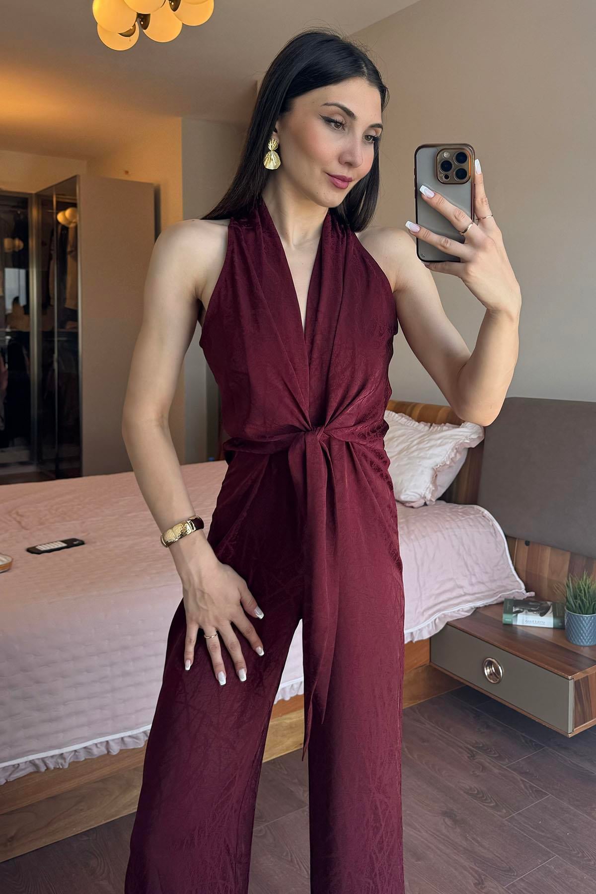 Bordo Çizgi Desenli Ön Bağlama Detaylı Tulum