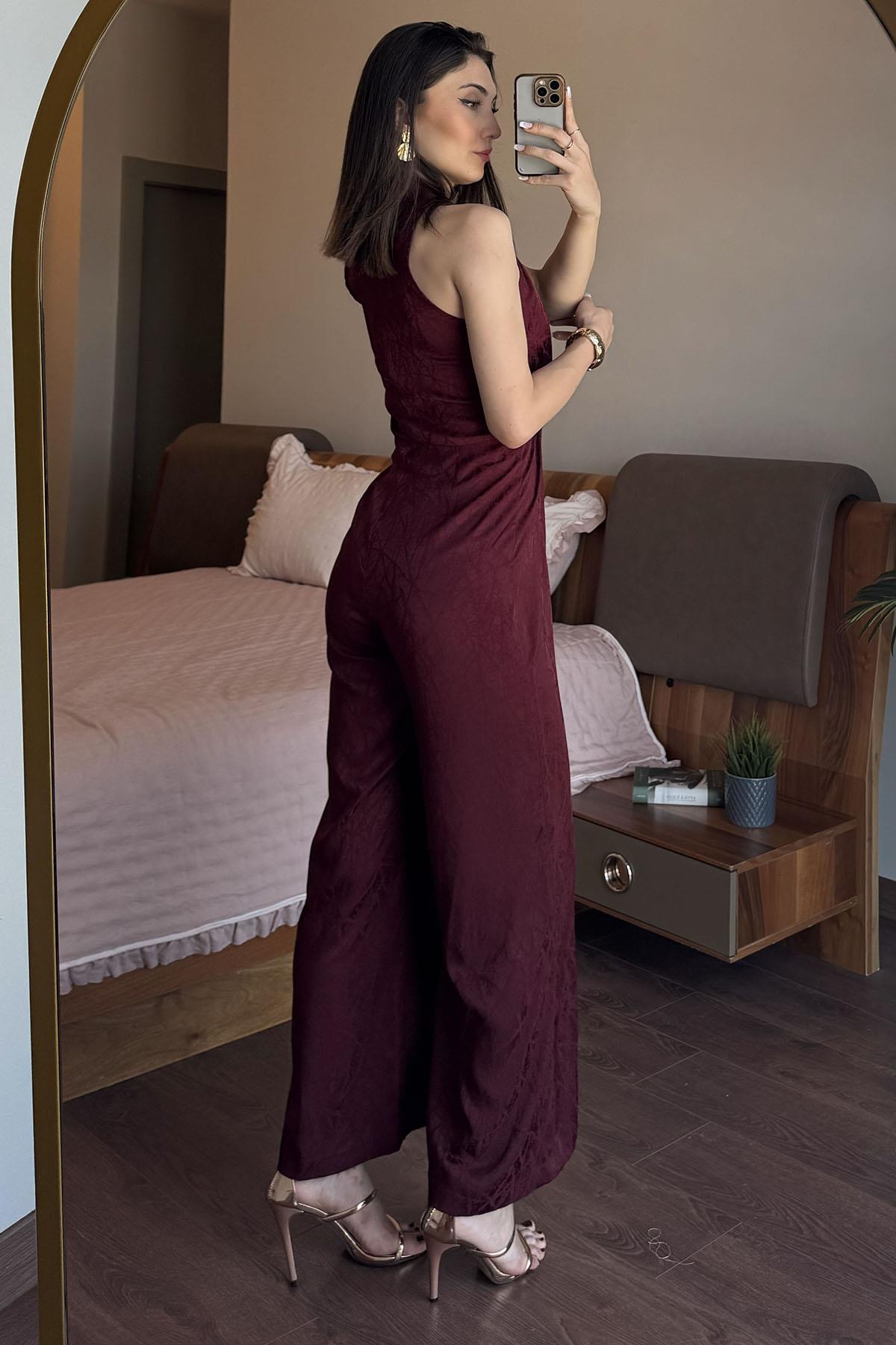 Bordo Çizgi Desenli Ön Bağlama Detaylı Tulum