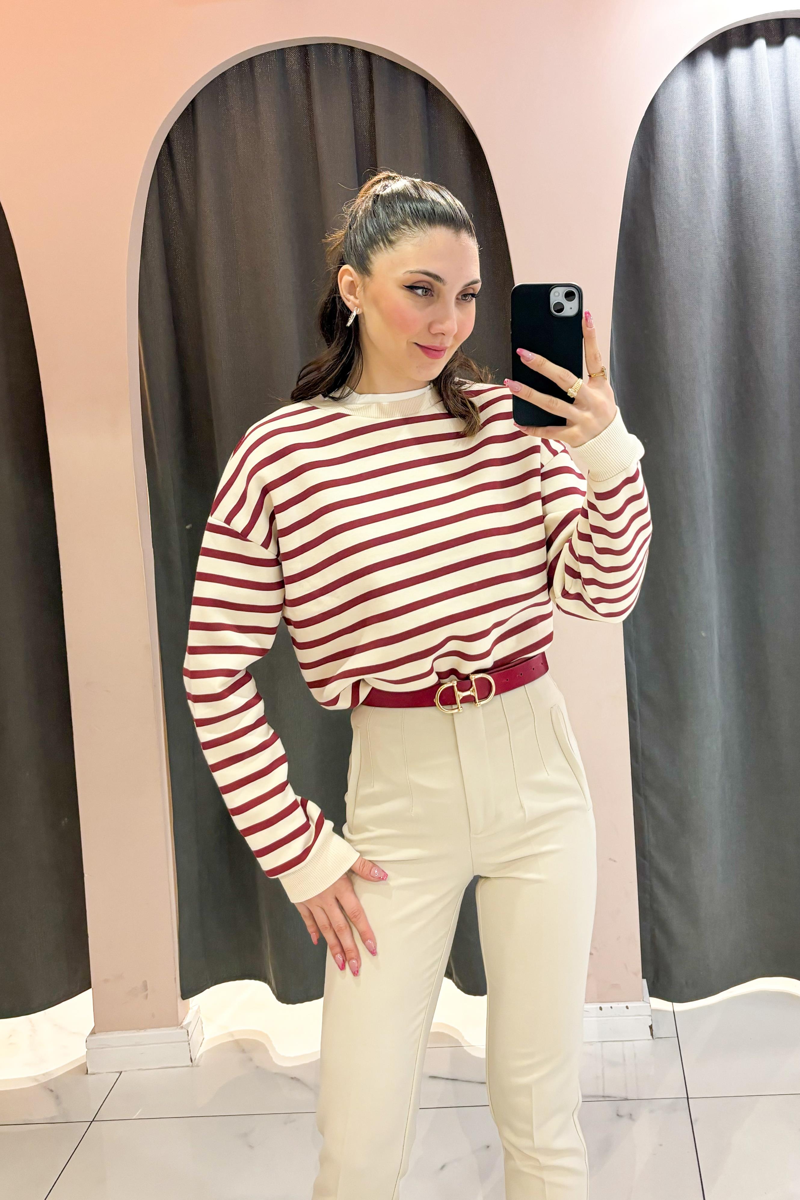 Bordo Çizgili Sweatshirt