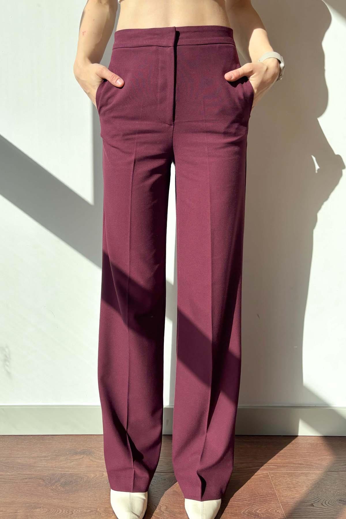 Bordo Düğmesiz Bol Paça Pantolon