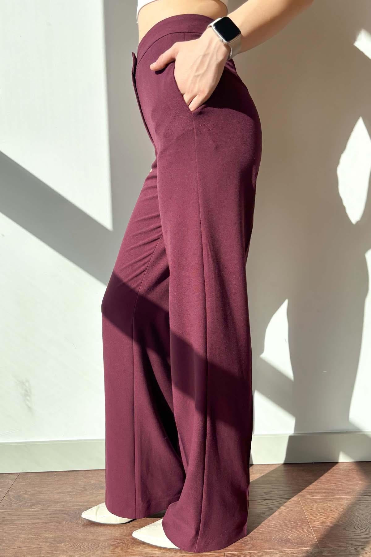 Bordo Düğmesiz Bol Paça Pantolon