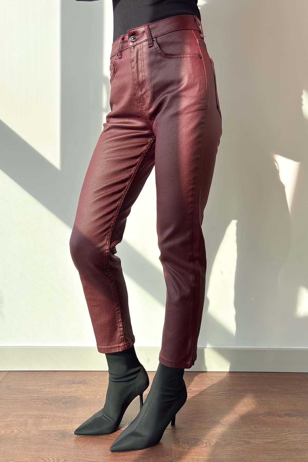 Bordo Düz Paça Mum Kaplama Boyfit Jean
